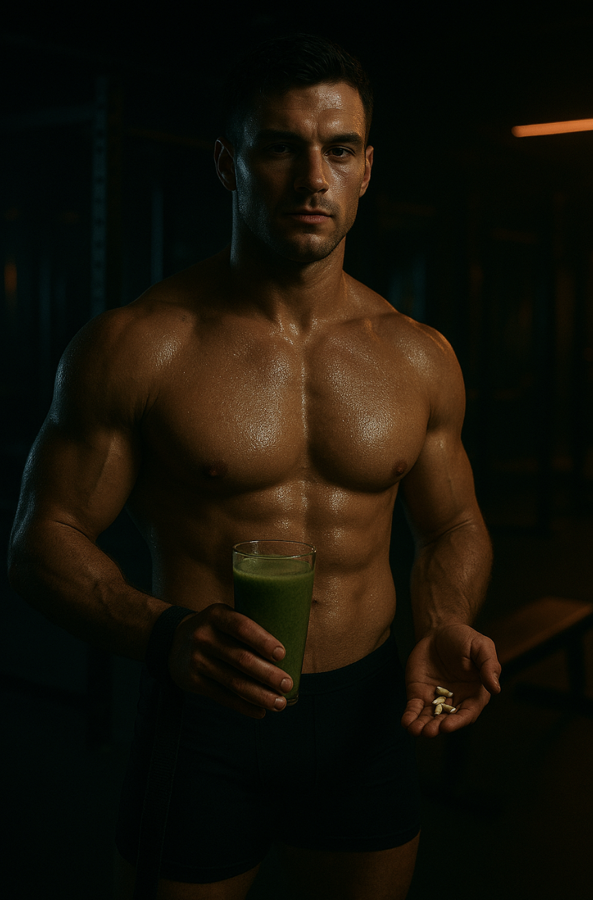 Athlete with post-workout smoothie and supplements